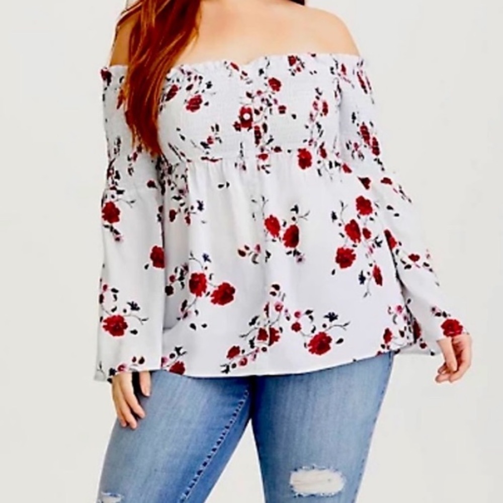 Torrid Blue Striped Floral Off the Shoulder Peasant Blouse‎
